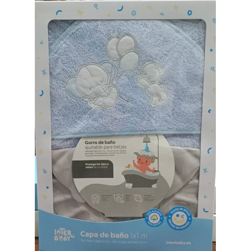 Capa de baño Interbaby Elefante y Oso Celeste-blanco