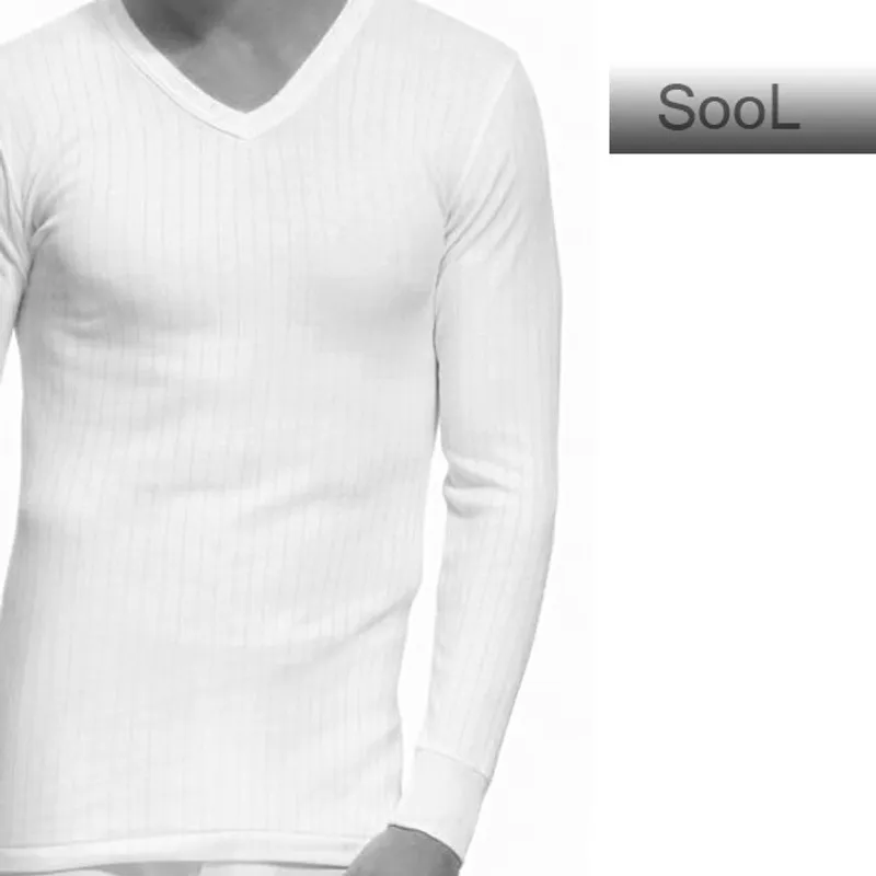 Camiseta caballero manga larga, cuello pico L Blanco