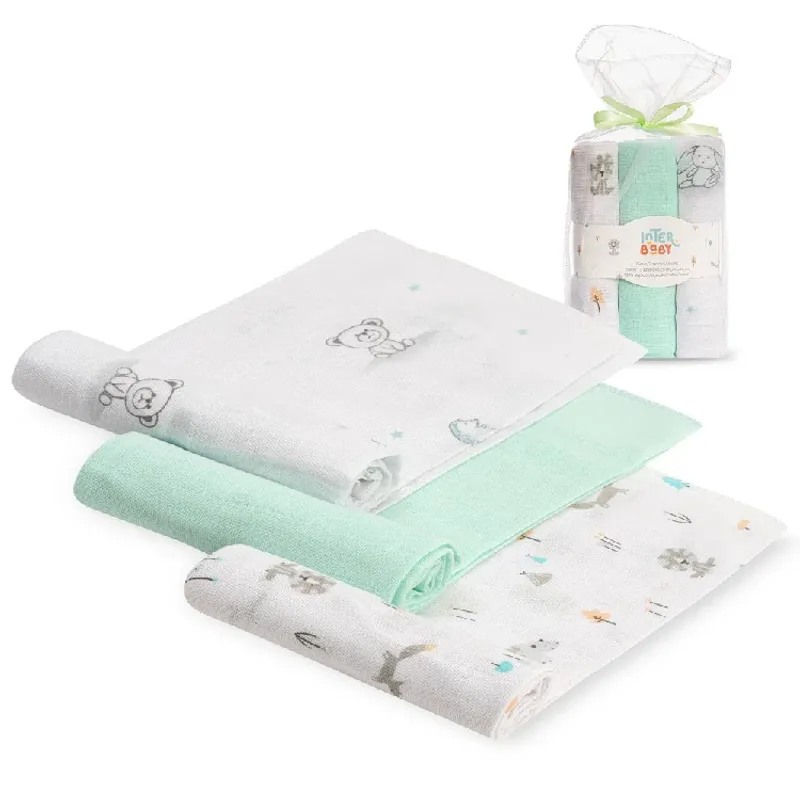 Pack 3 Gasas bebé Muselina, Interbaby Verde