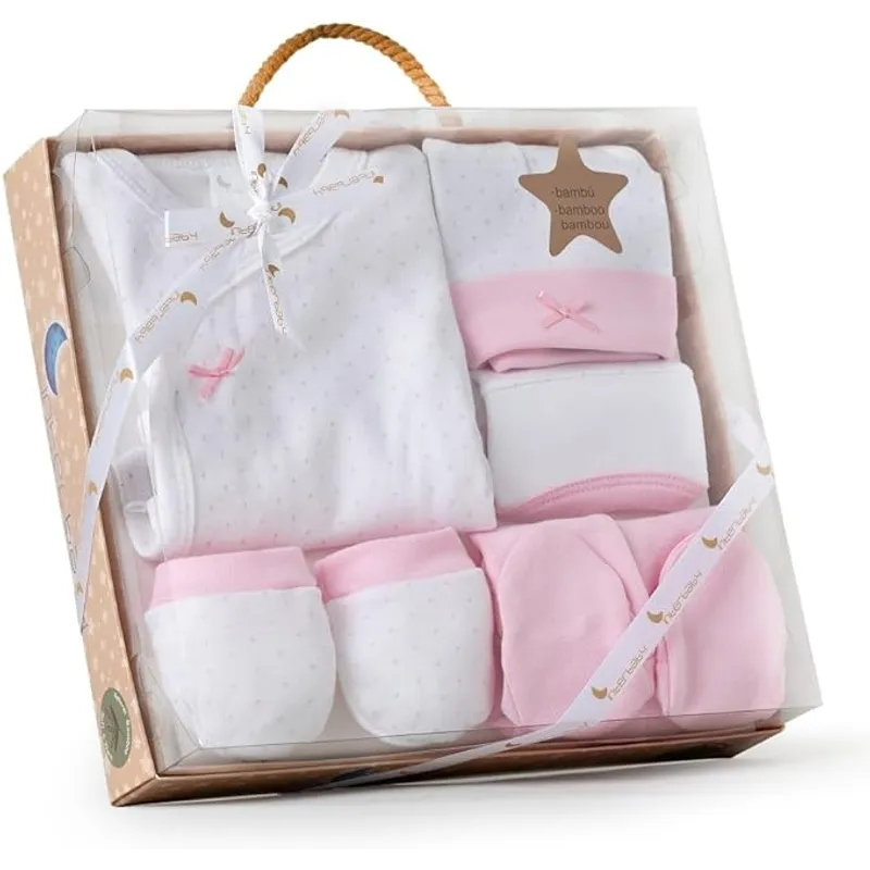 Set de regalo 5 piezas para recién nacido. Interbaby mod. Topos  0/6m Rosa
