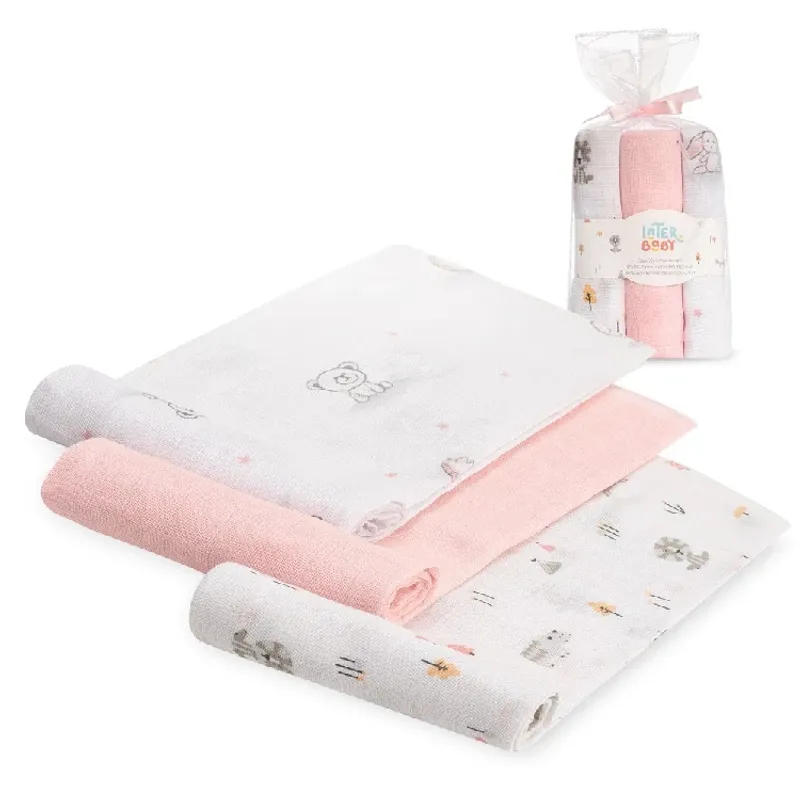 Pack 3 Gasas bebé Muselina, Interbaby Rosa