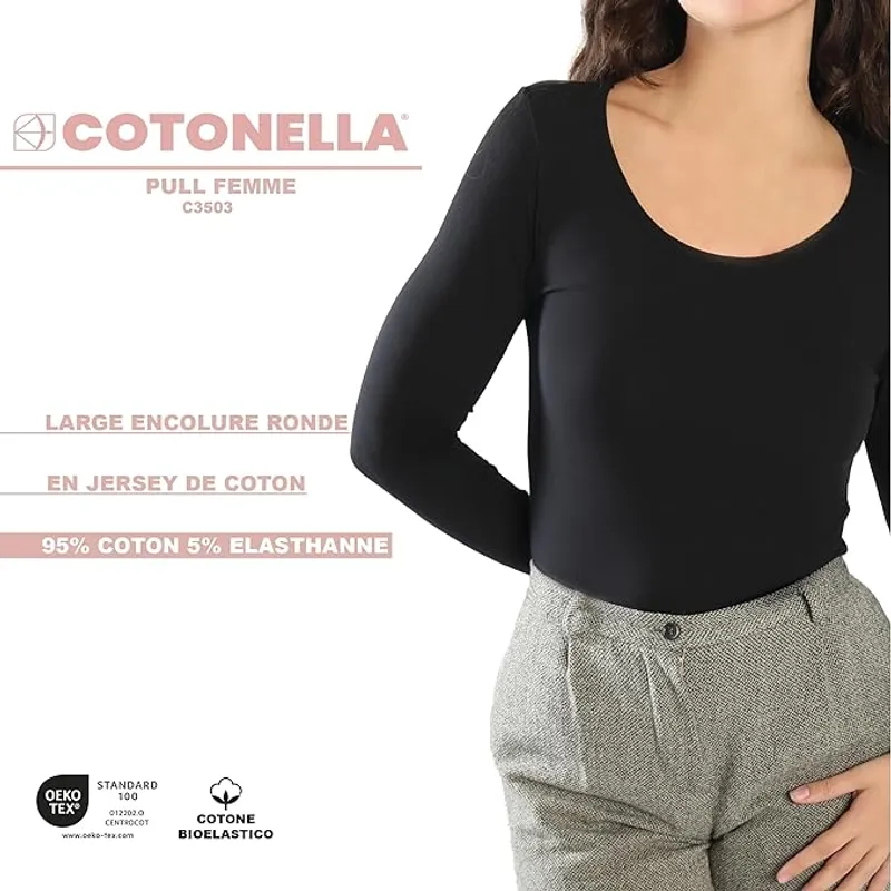 Camiseta manga larga y cuello redondo Mujer Cotonella L Negro