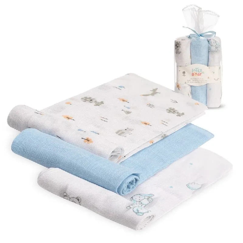 Pack 3 Gasas bebé Muselina, Interbaby Celeste-blanco